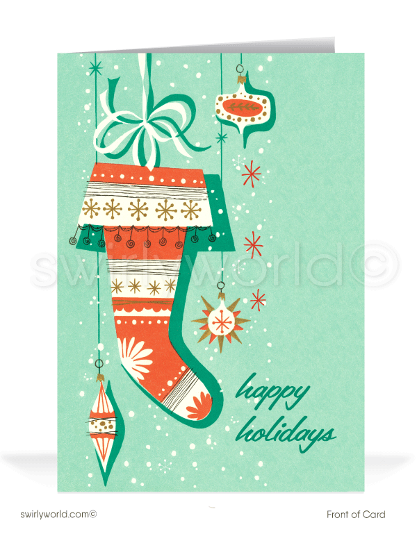 1950s mid-century atomic modern Christmas stocking with starbursts vintage printed MCM holiday cards.