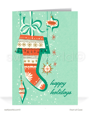 1950s mid-century atomic modern Christmas stocking with starbursts vintage printed MCM holiday cards.