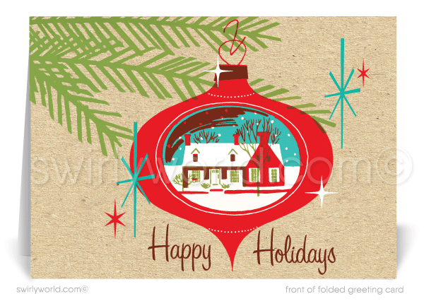 1950's retro mid-century modern house ornament vintage Christmas holiday cards for Realtors. 