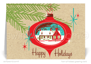 1950's retro mid-century modern house ornament vintage Christmas holiday cards for Realtors. 