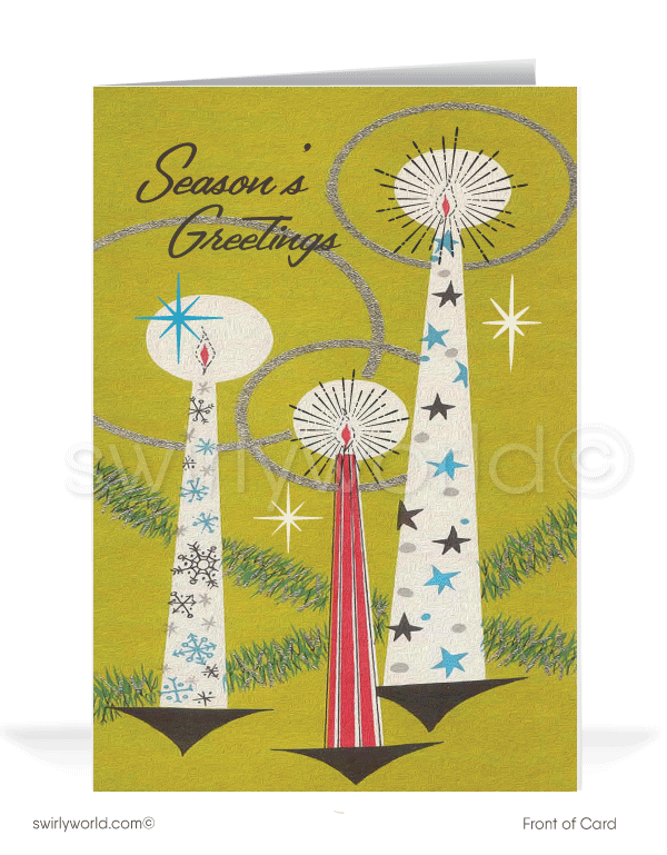 1960s Mid-Century Retro Atomic Modern Vintage Candles Christmas Holiday Cards
