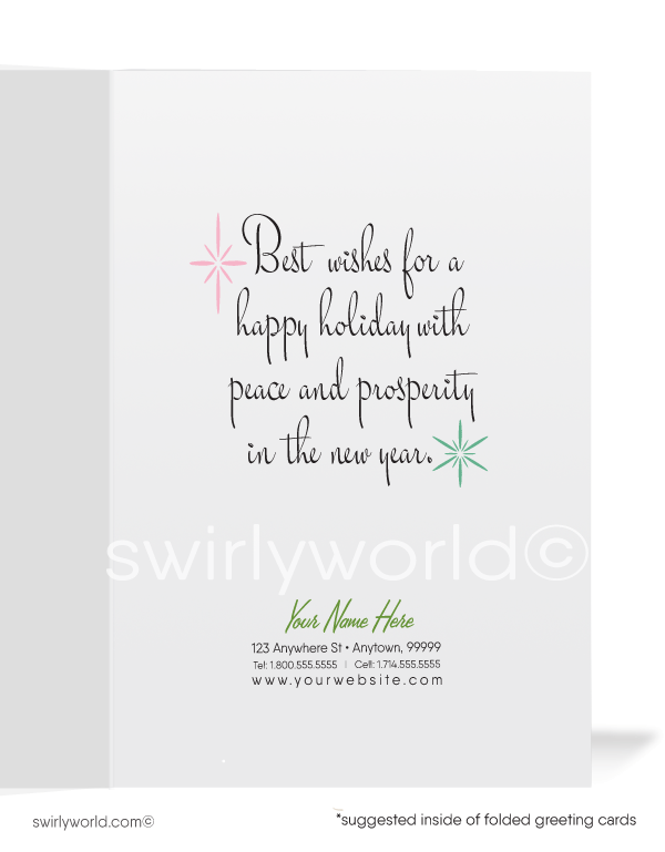 Atomic retro mid-century modern pink and aqua blue tree Merry Christmas MCM printed holiday cards.