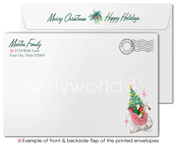 Atomic Pink and Aqua 1950s Mid-Century Modern Vintage Christmas Tree Holiday Cards