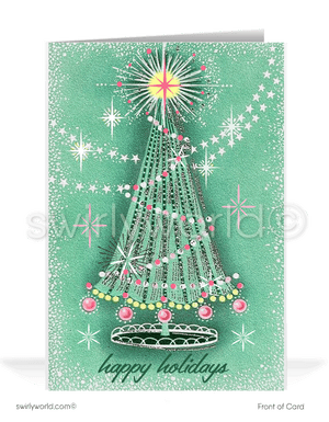 Atomic retro mid-century modern pink and aqua blue tree Merry Christmas MCM printed holiday cards.