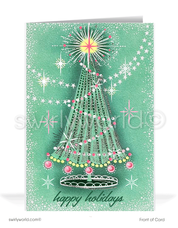 Atomic retro mid-century modern pink and aqua blue tree Merry Christmas MCM printed holiday cards.