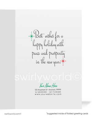 Mid-Century Modern Christmas Card – Retro Holly Berry & Atomic Starbursts, Customizable Vintage Holiday Greeting