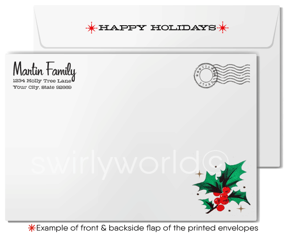 Mid-Century Modern Christmas Card – Retro Holly Berry & Atomic Starbursts, Customizable Vintage Holiday Greeting