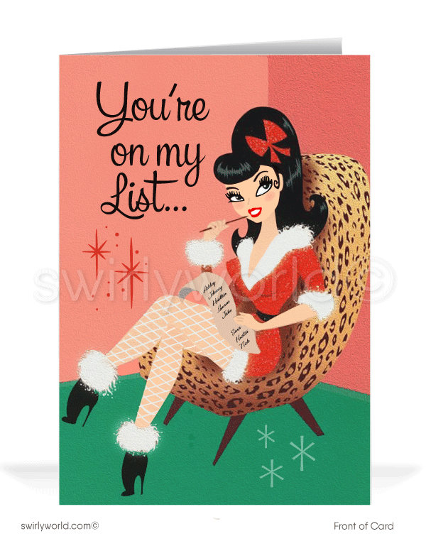 Atomic Retro Mid-Century Modern Rockabilly Pin-up Girl Christmas Holiday Cards. Bettie Paige Christmas cards