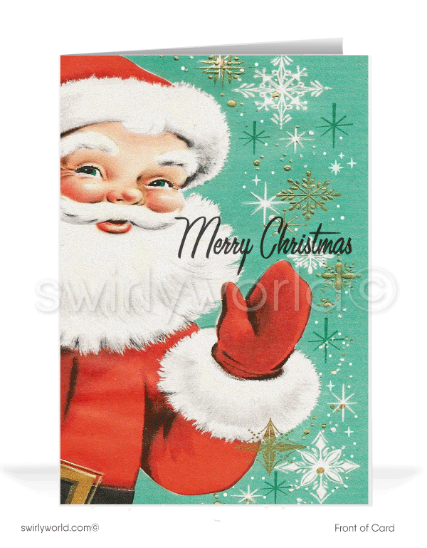 1950s mid-century modern retro kitsch Santa Claus vintage Christmas printed holiday cards.
