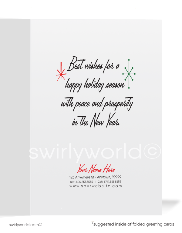 1950s Vintage Old Fashioned Retro Santa Claus Merry Christmas Holiday Cards. 1950s retro mid-century kitsch vintage old fashioned Santa Claus Merry Christmas printed holiday cards.