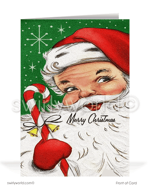 1950s Vintage Old Fashioned Retro Santa Claus Merry Christmas Holiday Cards. 1950s retro mid-century kitsch vintage old fashioned Santa Claus Merry Christmas printed holiday cards.