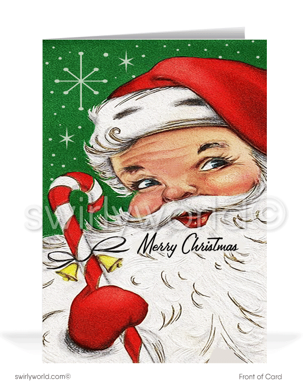1950s Vintage Old Fashioned Retro Santa Claus Merry Christmas Holiday Cards. 1950s retro mid-century kitsch vintage old fashioned Santa Claus Merry Christmas printed holiday cards.