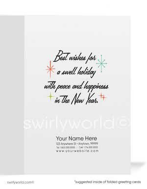 Vintage 1960s Christmas Card – Mod Chick with Gifts & Retro Atomic Christmas Tree, Mid-Century Modern Holiday Design