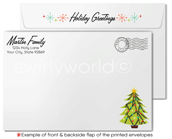 Vintage 1960s Christmas Card – Mod Chick with Gifts & Retro Atomic Christmas Tree, Mid-Century Modern Holiday Design