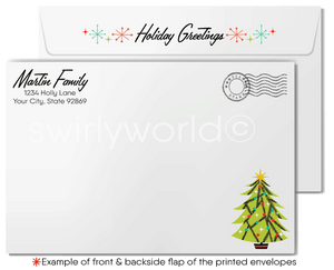 Vintage 1960s Christmas Card – Mod Chick with Gifts & Retro Atomic Christmas Tree, Mid-Century Modern Holiday Design