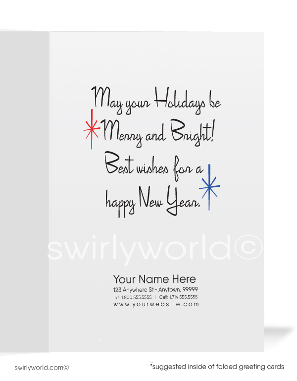 Vintage 1950s old fashioned Santa Claus electrician mid-century style Merry Christmas printed holiday cards.