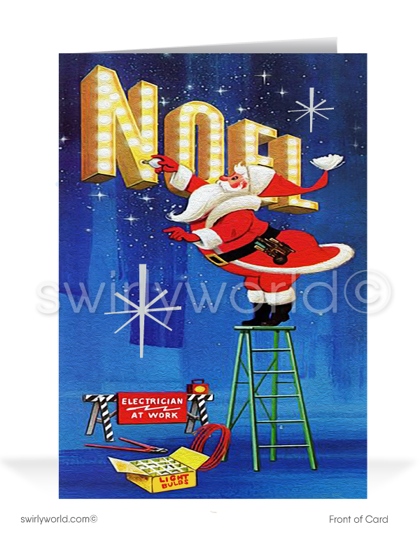 Vintage 1950s old fashioned Santa Claus electrician mid-century style Merry Christmas printed holiday cards.