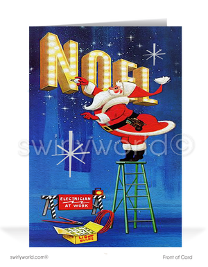 Vintage 1950s old fashioned Santa Claus electrician mid-century style Merry Christmas printed holiday cards.