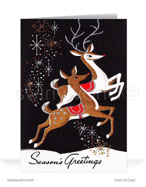 Send holiday cheer with our vintage Christmas card featuring mid-century deer in a snowy scene. Retro starbursts and custom message options add nostalgic charm.
