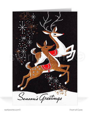 Send holiday cheer with our vintage Christmas card featuring mid-century deer in a snowy scene. Retro starbursts and custom message options add nostalgic charm.