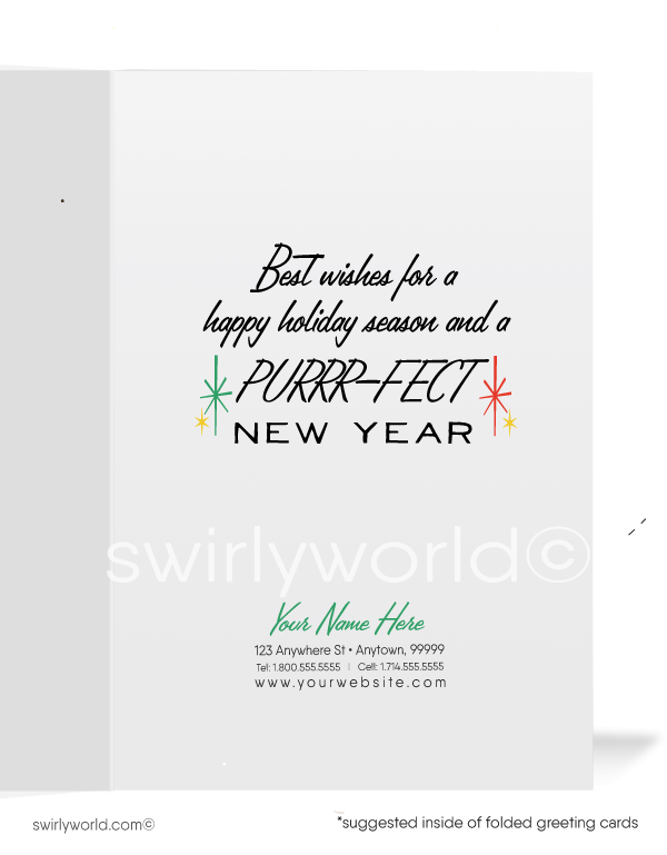 Celebrate the holidays with a vintage Christmas card featuring a 1960s kitsch Siamese cat tangled in lights, wishing a "Meowy Christmas" with atomic starbursts.Cards