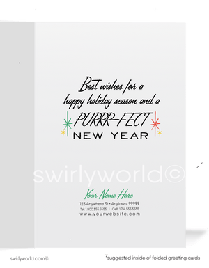 Vintage 1960s Kitsch Christmas Card with Siamese Cat, Tangled Lights, and Atomic Starburst Design