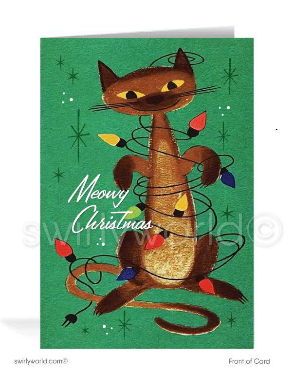 Celebrate the holidays with a vintage Christmas card featuring a 1960s kitsch Siamese cat tangled in lights, wishing a "Meowy Christmas" with atomic starbursts.Cards