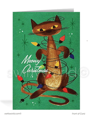 Celebrate the holidays with a vintage Christmas card featuring a 1960s kitsch Siamese cat tangled in lights, wishing a "Meowy Christmas" with atomic starbursts.Cards
