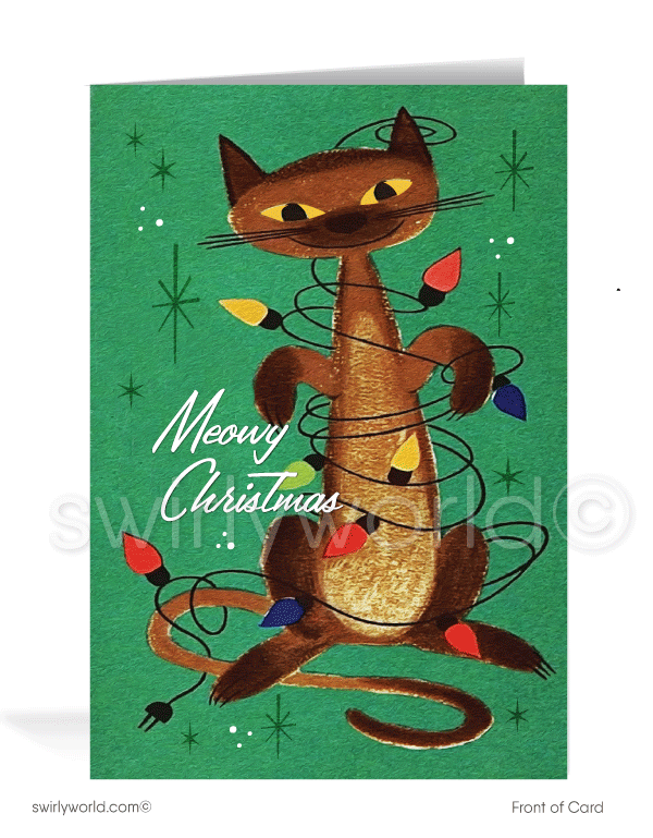1960s Mid-Century Mod Vintage Kitty Cat "Meowy Christmas" Retro Holiday Cards