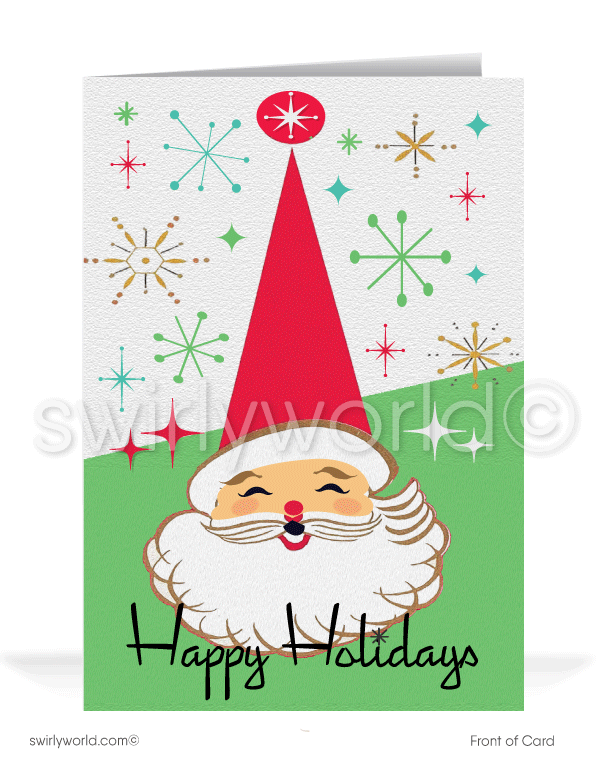 retro atomic mid-century modern christmas cards. Starbursts and sputniks on Christmas. 1950s mid-century atomic modern vintage retro kitsch Santa Claus Merry Christmas printed holiday cards.