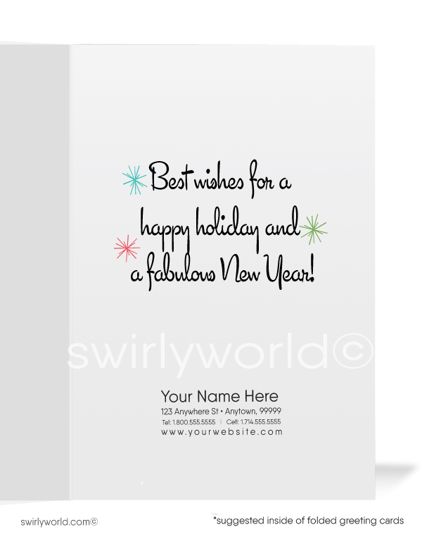 1950's style retro atomic mod mid-century holiday Christmas cards for Women. Girl dressed as Christmas tree. 1960s style retro atomic mod mid-century holiday pin-up girl in Christmas tree with starbursts holiday cards