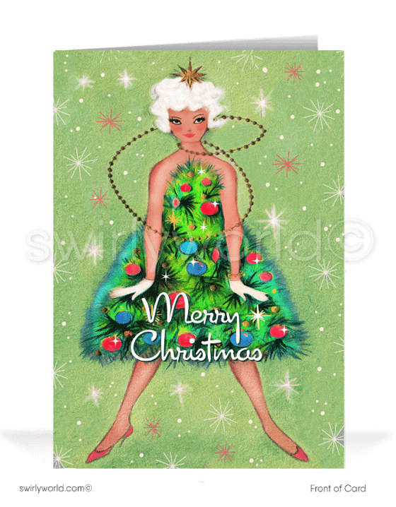 1950's style retro atomic mod mid-century holiday Christmas cards for Women. Girl dressed as Christmas tree. 1960s style retro atomic mod mid-century holiday pin-up girl in Christmas tree with starbursts holiday cards