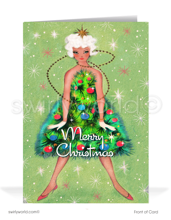 1950's style retro atomic mod mid-century holiday Christmas cards for Women. Girl dressed as Christmas tree. 1960s style retro atomic mod mid-century holiday pin-up girl in Christmas tree with starbursts holiday cards