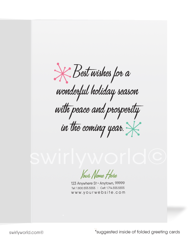 1950s vintage pink and aqua blue atomic retro mid-century modern printed holiday MCM Christmas cards.