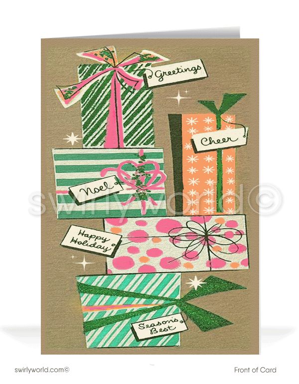 1950s vintage pink and aqua blue atomic retro mid-century modern printed holiday MCM Christmas cards.