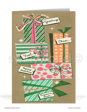 1950s vintage pink and aqua blue atomic retro mid-century modern printed holiday MCM Christmas cards.