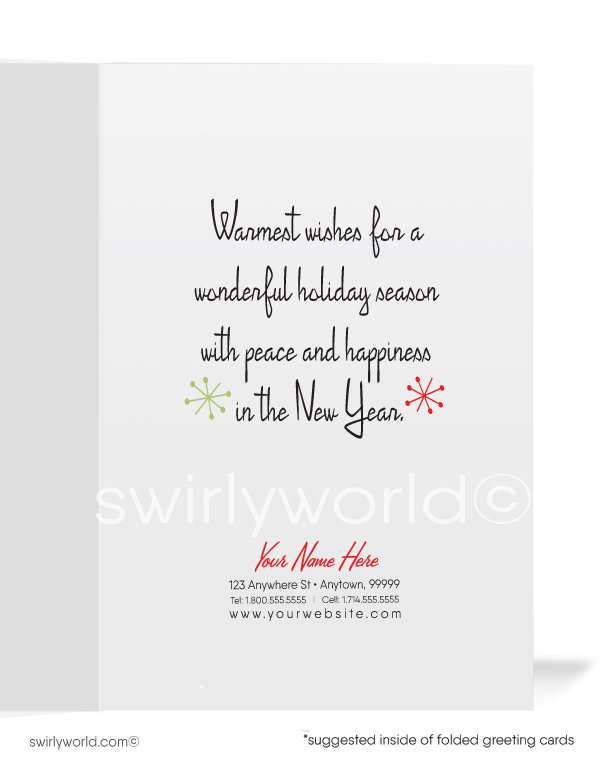 1960's atomic retro mid-century modern Santa Claus Merry Christmas holiday cards. 1960s atomic retro mid-century modern kitsch Santa Claus Merry Christmas printed holiday cards.