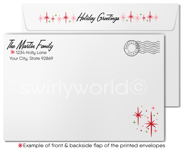 Vintage Mid-Century Christmas Card - Atomic Santa Claus Tree Design with Starbursts