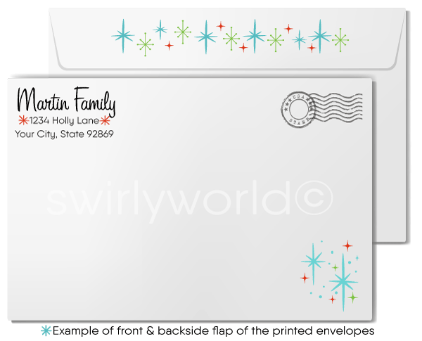Vintage Mid-Century Holiday Card – Retro White Christmas Tree with Ornaments & Atomic Starbursts, Customizable Greeting
