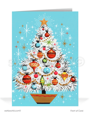 Atomic retro mid-century modern vintage 1950s-1960s white blue and pink Christmas tree printed holiday cards.