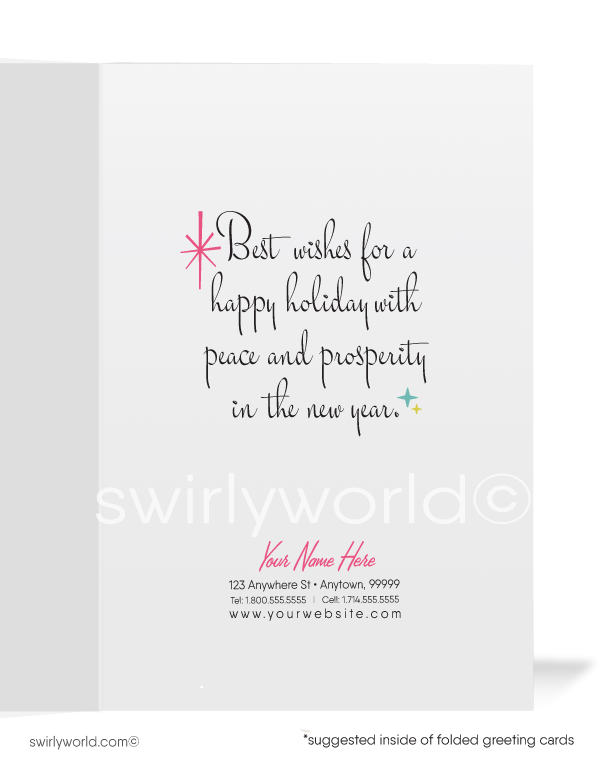 1950's Pink atomic mod retro mid-century modern candle Christmas holiday cards.