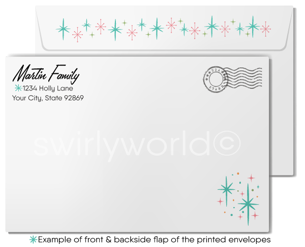 1950s-1960s Atomic Mid-Century Mod Pink Starburst Candle Christmas Card