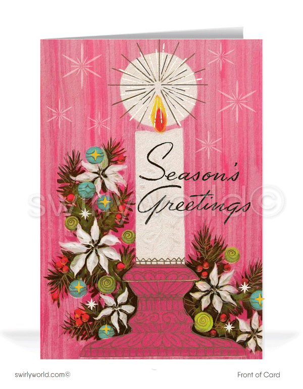 1950's Pink atomic mod retro mid-century modern candle Christmas holiday cards.