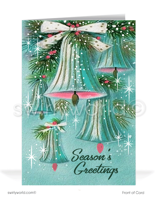1950s Atomic Pink and Aqua Blue Mid-Century Modern Retro Vintage Holiday Cards. 1950s-1960s retro atomic modern aqua blue and pink vintage bells with starbursts Christmas holiday cards.