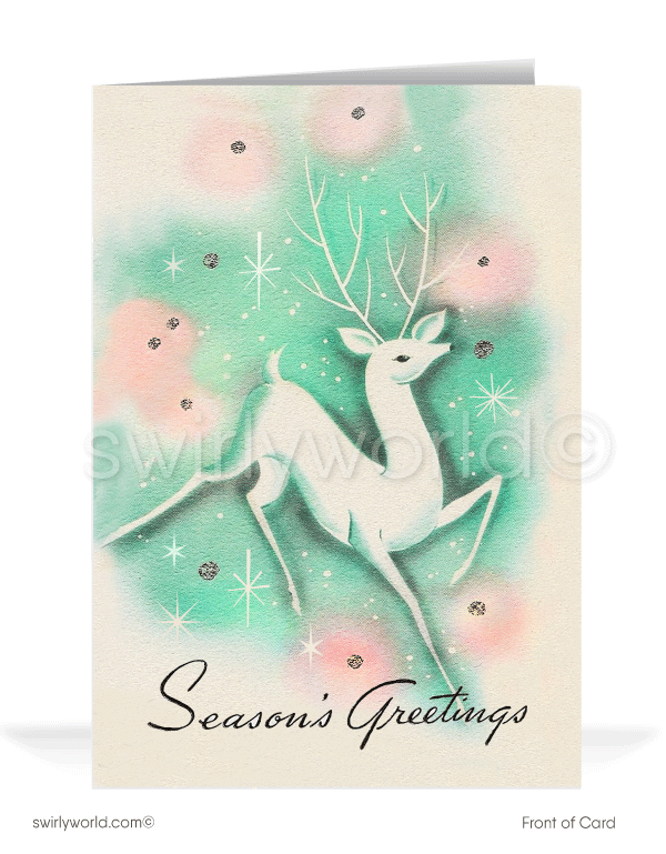 1960s atomic starbursts retro mid-century modern pink and aqua blue deer printed holiday Christmas cards.