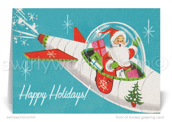 1950's Vintage Mid-Century Modern Santa Claus Flying Airplane Merry Christmas Holiday Greeting Cards for Business Customers.