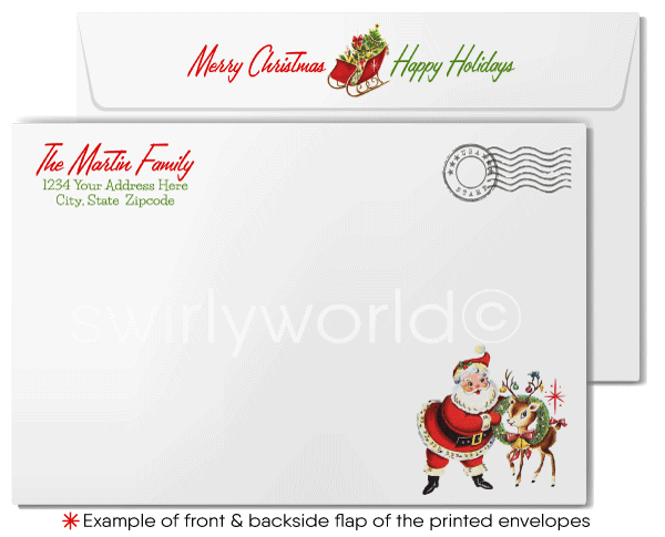 Customizable 1950s Vintage Christmas Card with Santa, Reindeer, and Retro Starbursts