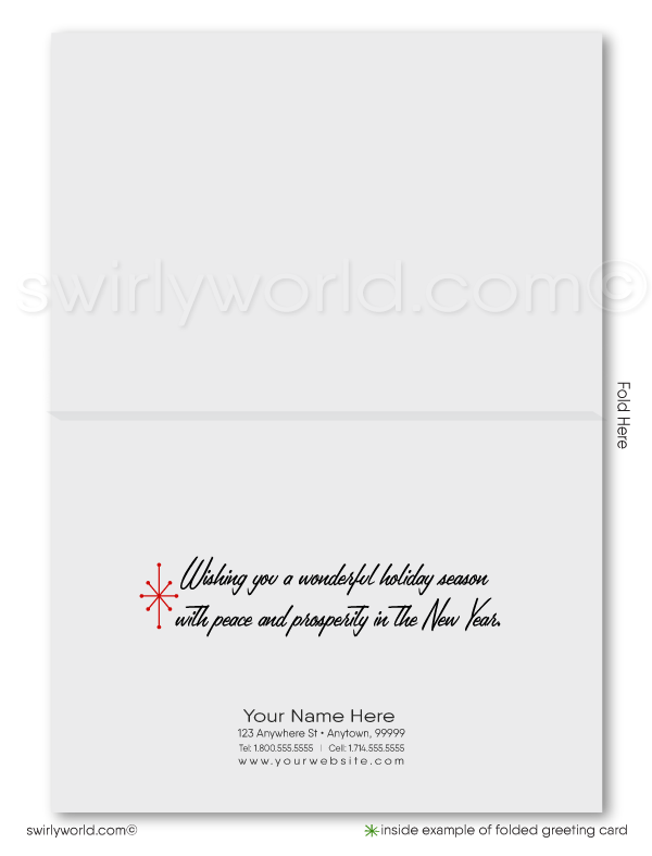 Swirly World Christmas Cards - Step back in time with our vintage holiday card, featuring a relaxed Santa by a 1950s MCM trailer in the desert. Authentic mid-century typography and customizable text make this card a nostalgic, sun-soaked twist on traditional holiday greetings, perfect for clients and retro enthusiasts alike.