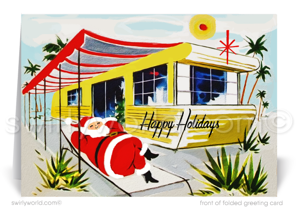 Retro Mid-Century Modern Vintage Santa Claus in RV Trailer Park Business Merry Christmas Holiday Greeting Cards.