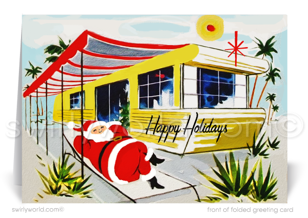 Swirly World Christmas Cards - Step back in time with our vintage holiday card, featuring a relaxed Santa by a 1950s MCM trailer in the desert. Authentic mid-century typography and customizable text make this card a nostalgic, sun-soaked twist on traditional holiday greetings, perfect for clients and retro enthusiasts alike.